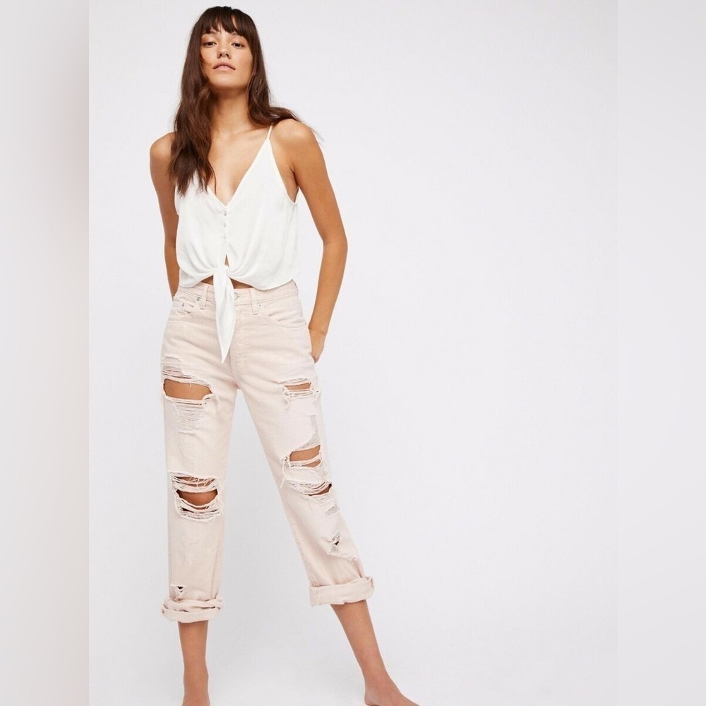 We The Free People Destroyed Boyfriend Jeans Light Pink Size 30 Distressed